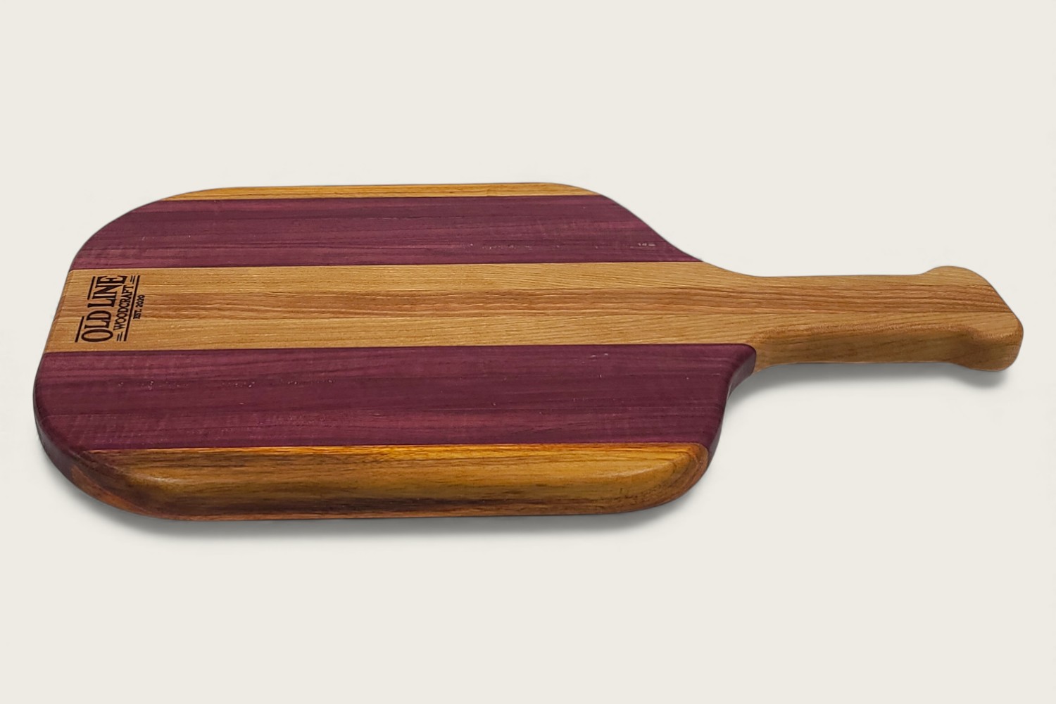 Purpleheart Pickleball Prep Board (#310) with vibrant purple edge grain, horizontal pattern, and cutout handle.